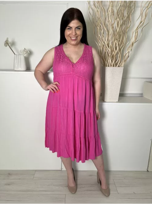 ÚJ New Collection (L) Pink Felül Horgoltmintás Fodros Aljú, Enyhén Áttetsző Ruha