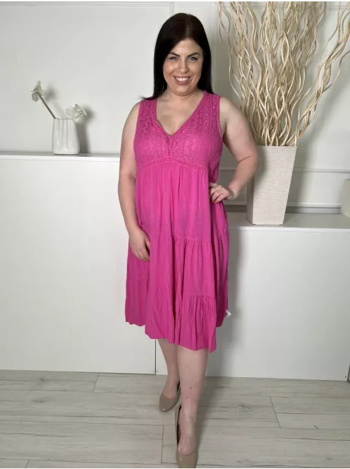 ÚJ New Collection (L) Pink Felül Horgoltmintás Fodros Aljú, Enyhén Áttetsző Ruha