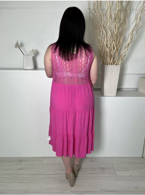 ÚJ New Collection (L) Pink Felül Horgoltmintás Fodros Aljú, Enyhén Áttetsző Ruha