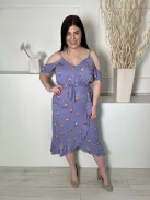 Oasis (L) Lila Apró Színes Virágos, Nyitott Vállú Pántos, Díszlapolású, Fodros Szegélyes Ruha