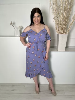   Oasis (L) Lila Apró Színes Virágos, Nyitott Vállú Pántos, Díszlapolású, Fodros Szegélyes Ruha