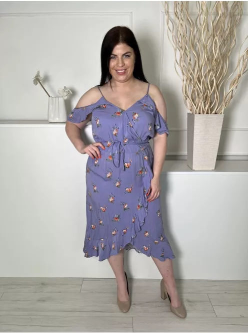 Oasis (L) Lila Apró Színes Virágos, Nyitott Vállú Pántos, Díszlapolású, Fodros Szegélyes Ruha