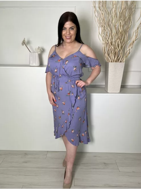 Oasis (L) Lila Apró Színes Virágos, Nyitott Vállú Pántos, Díszlapolású, Fodros Szegélyes Ruha