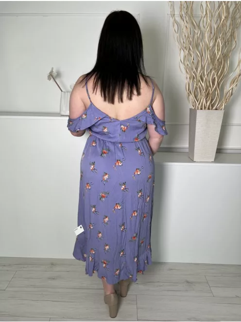 Oasis (L) Lila Apró Színes Virágos, Nyitott Vállú Pántos, Díszlapolású, Fodros Szegélyes Ruha