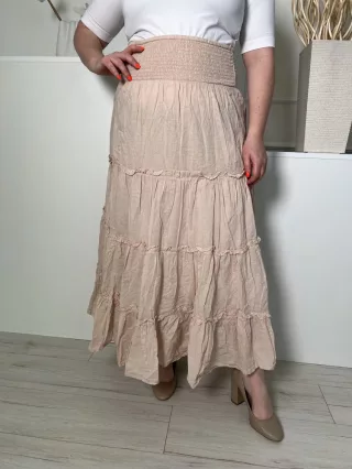   Primark (M) Világosbarna Darázsolt Derekú, 100% Pamut Fodros, Anyagában Mintás Szoknya