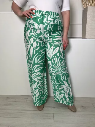   TU (L) Zöld Fehér Mintás, Derékban Összehúzható Megkötős, Bőszárú Nadrág