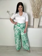 TU (L) Zöld Fehér Mintás, Derékban Összehúzható Megkötős, Bőszárú Nadrág