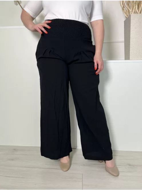  (XL) Fekete Derékban Darázsolt, Zsebes Bőszárú Nadrág