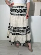 ÚJ F&F (L) Krémszínű Fekete Mintás, Darázsolt Derekú Bélelt, 95% Pamut Alapanyagú Szoknya