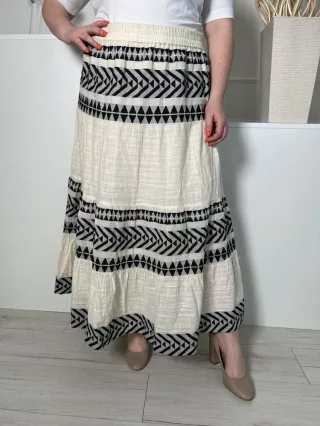   ÚJ F&F (L) Krémszínű Fekete Mintás, Darázsolt Derekú Bélelt, 95% Pamut Alapanyagú Szoknya