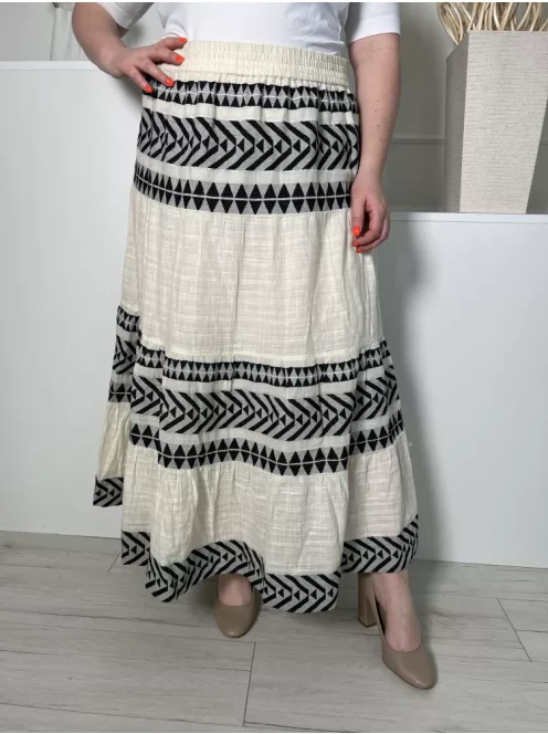 ÚJ F&F (L) Krémszínű Fekete Mintás, Darázsolt Derekú Bélelt, 95% Pamut Alapanyagú Szoknya