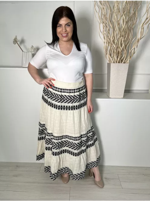 ÚJ F&F (L) Krémszínű Fekete Mintás, Darázsolt Derekú Bélelt, 95% Pamut Alapanyagú Szoknya