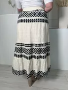 ÚJ F&F (L) Krémszínű Fekete Mintás, Darázsolt Derekú Bélelt, 95% Pamut Alapanyagú Szoknya
