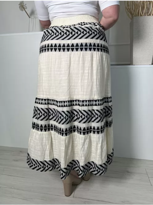 ÚJ F&F (L) Krémszínű Fekete Mintás, Darázsolt Derekú Bélelt, 95% Pamut Alapanyagú Szoknya