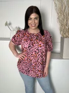 M&S (L) Rózsaszín Fekete-Narancs Foltmintás, 100% Pamut Mellnél Gombos, Gumis Ujjvégű Felső