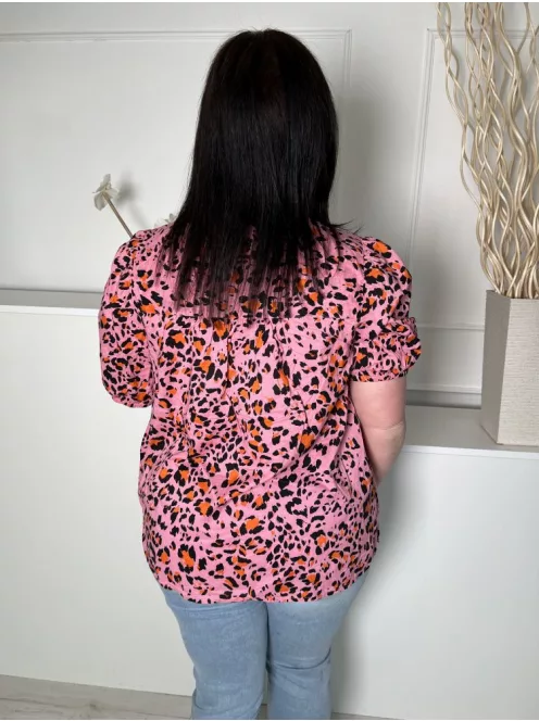 M&S (L) Rózsaszín Fekete-Narancs Foltmintás, 100% Pamut Mellnél Gombos, Gumis Ujjvégű Felső