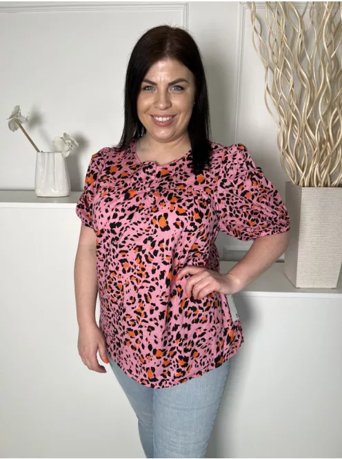 M&S (L) Rózsaszín Fekete-Narancs Foltmintás, 100% Pamut Mellnél Gombos, Gumis Ujjvégű Felső