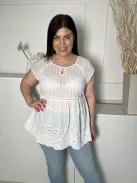 M&S (L) Fehér Mellnél Kivágott, Horgoltmintás 100% Pamut, Áttetetsző Felső