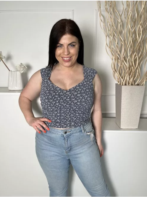 Hollister (L) Szürkéskék Fehér Apró Virágos, Elől Húzott Rövid Fazonú Felső