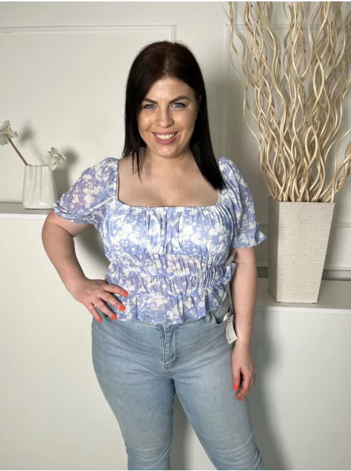 Missguided (L) Kék-Fehér Mintás, Kívül Hálós Anyagú Bélelt, Gumírozott, Kocka Kivágású Felső