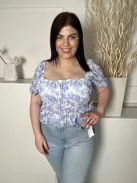 Missguided (L) Kék-Fehér Mintás, Kívül Hálós Anyagú Bélelt, Gumírozott, Kocka Kivágású Felső