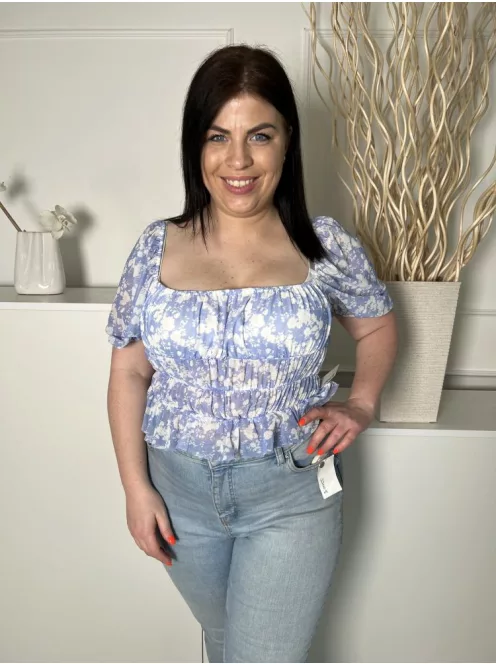 Missguided (L) Kék-Fehér Mintás, Kívül Hálós Anyagú Bélelt, Gumírozott, Kocka Kivágású Felső