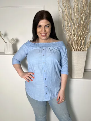   River Island (M) Kék Elől Díszgombos, Felül Darázsolt Kerekített Aljú, 100% Pamut Felső