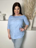 River Island (M) Kék Elől Díszgombos, Felül Darázsolt Kerekített Aljú, 100% Pamut Felső