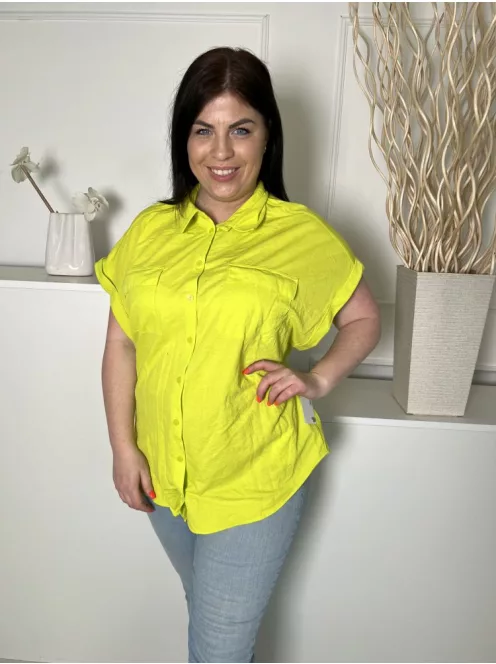 M&S (L) Neon Zöld Elől Végig Gombos, Mellnél Zsebes Galléros, Kerekített Aljú Felső