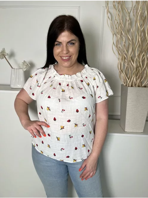 TU (M) Fehér Apró Gyümölcs Mintás, Enyhén Áttetsző Fodros Nyakú, 65% Pamut Felső