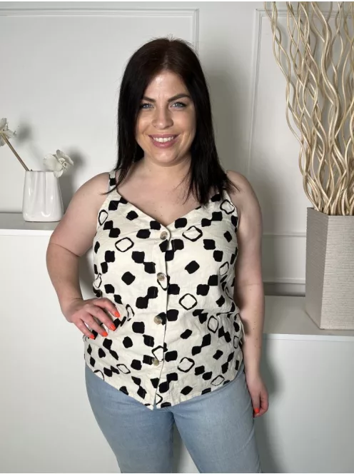 F&F (M) Drapp Fekete Mintás, Elől Végig Gombos Állítható Pántú, 52% Len Alapanyagú Felső