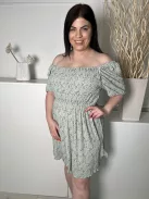 Primark (L) Permetzöld Apró Piros Mintás, Ejtett Gumis Vállú Felül Gumírozott, Anyagában Bordázott Ruha