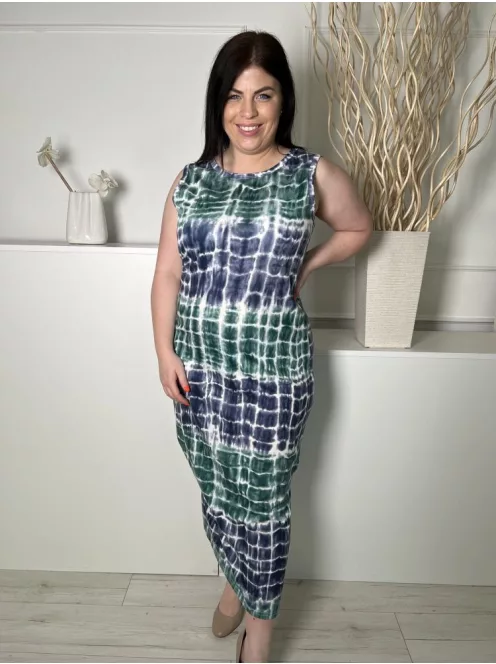 Shein (L) Zöld-Kék-Fehér Mintás, Kerek Nyakú Oldalt Sliccelt Ruha