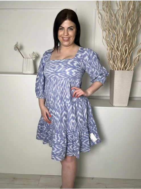 F&F (M) Kék-Fehér Mintás, Buggyos Ujjú, 100% Pamut Hátul Darázsolt, Fodros Aljú Ruha