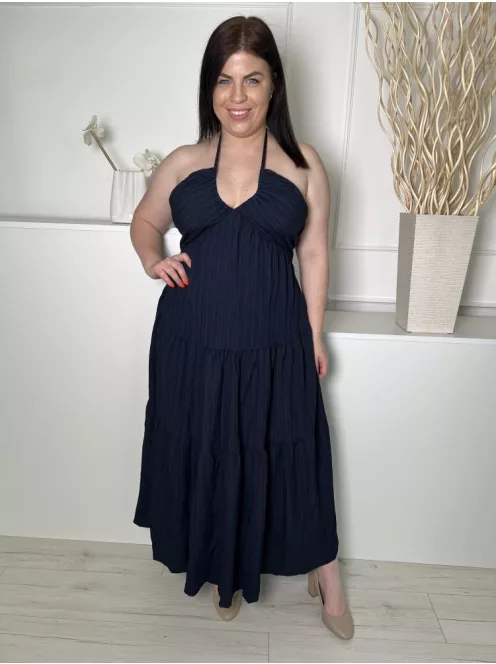  (L) Sötétkék Hátul Megkötős, Nyakpántos Anyagában Mintás, Fodros Aljú Ruha