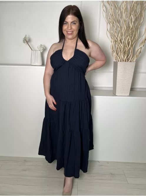  (L) Sötétkék Hátul Megkötős, Nyakpántos Anyagában Mintás, Fodros Aljú Ruha