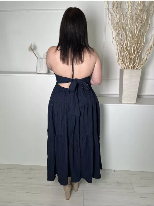  (L) Sötétkék Hátul Megkötős, Nyakpántos Anyagában Mintás, Fodros Aljú Ruha