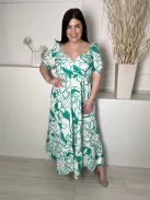 ZARA (L) Fehér Zöld Mintás, Mellnél Átlapolt 100% Pamut, Gumírozott Vállú Ruha