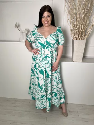   ZARA (L) Fehér Zöld Mintás, Mellnél Átlapolt 100% Pamut, Gumírozott Vállú Ruha