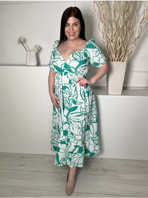 ZARA (L) Fehér Zöld Mintás, Mellnél Átlapolt 100% Pamut, Gumírozott Vállú Ruha