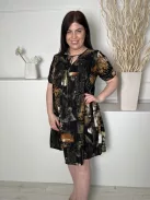 Emery Rose (L) Fekete Barna-Drapp Mintás, Nyakban Megkötős Fodros Aljú, 100% Pamut Ruha