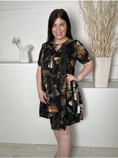 Emery Rose (L) Fekete Barna-Drapp Mintás, Nyakban Megkötős Fodros Aljú, 100% Pamut Ruha