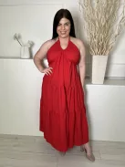  (L) Piros Hátul Megkötős, Nyakpántos Anyagában Mintás, Fodros Aljú Ruha