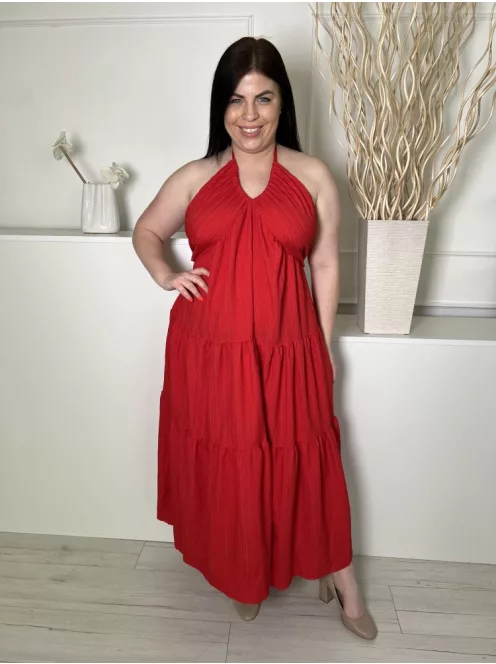  (L) Piros Hátul Megkötős, Nyakpántos Anyagában Mintás, Fodros Aljú Ruha