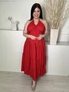  (L) Piros Hátul Megkötős, Nyakpántos Anyagában Mintás, Fodros Aljú Ruha