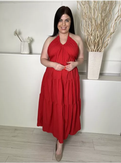  (L) Piros Hátul Megkötős, Nyakpántos Anyagában Mintás, Fodros Aljú Ruha