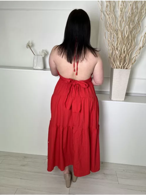  (L) Piros Hátul Megkötős, Nyakpántos Anyagában Mintás, Fodros Aljú Ruha