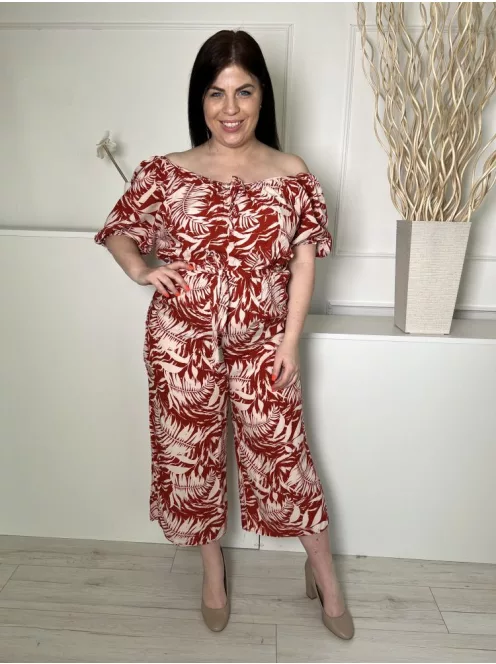 Peacocks (L) Vörösesbarna Fehér Mintás, Gumisderekú Ejtett Gumis Vállú, Derékban Megkötős Overál