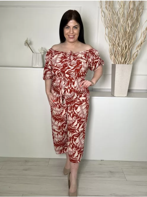 Peacocks (L) Vörösesbarna Fehér Mintás, Gumisderekú Ejtett Gumis Vállú, Derékban Megkötős Overál