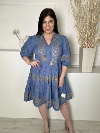   F&F (M) Kék Arany Mintás, Elől Nyakban Megköthető 100% Pamut, Gumis Ujjvégű Ruha